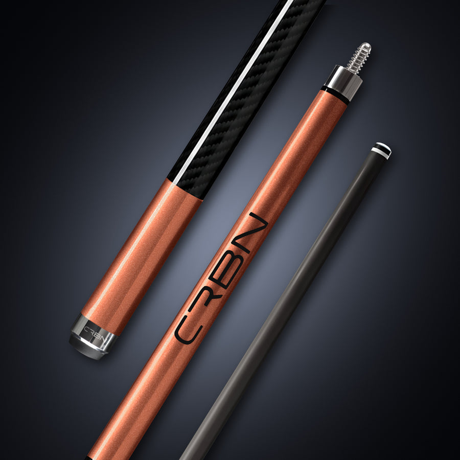 CRBN Gen 2 Sunstone Copper carbon fiber pool cue shown in three diagonal sections