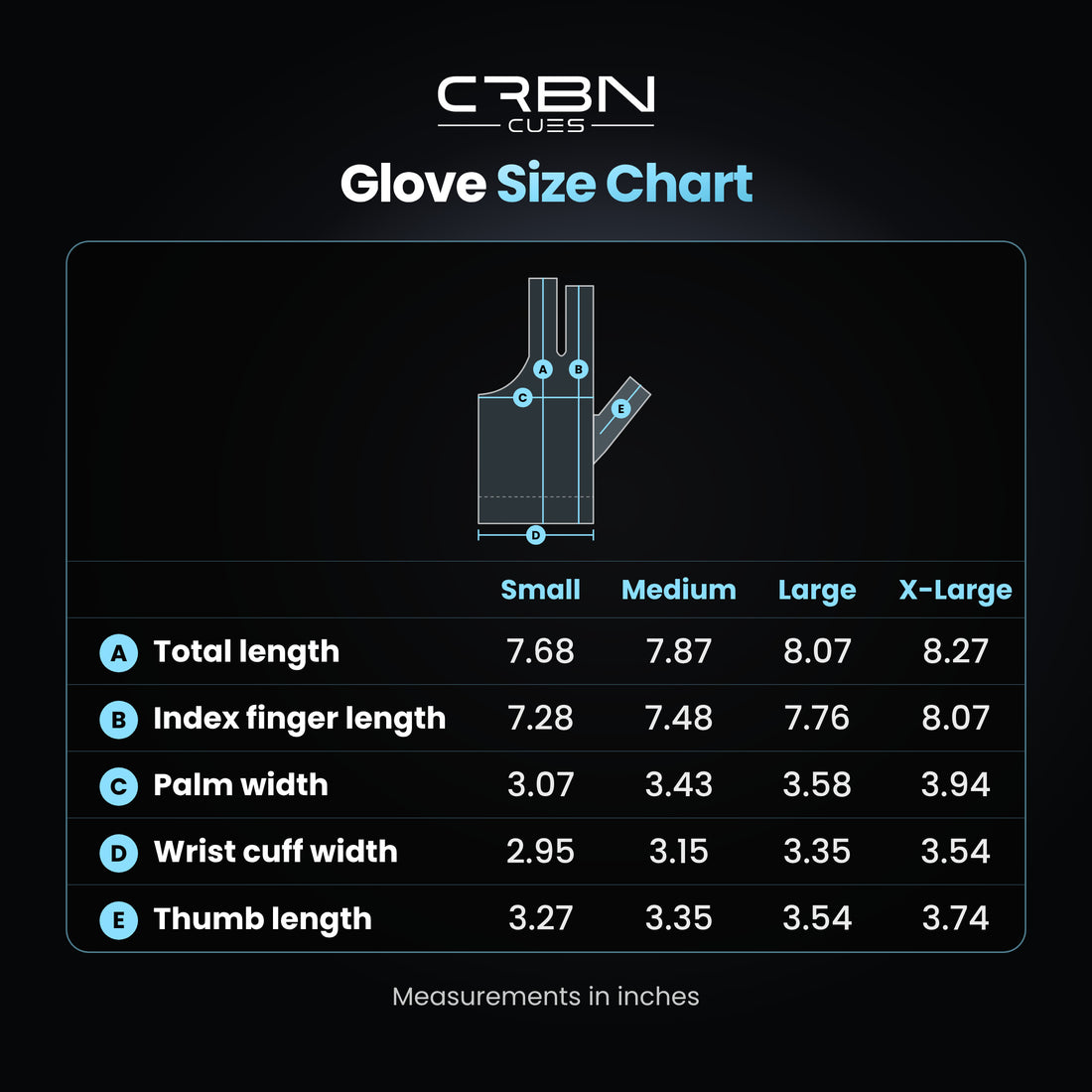 CRBN Cues Glove size chart: five measurements for sizes Small to X-Large, with a diagram showing where each is taken
