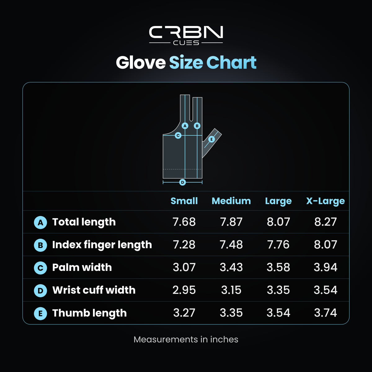 CRBN Cues Glove size chart: five measurements for sizes Small to X-Large, with a diagram showing where each is taken