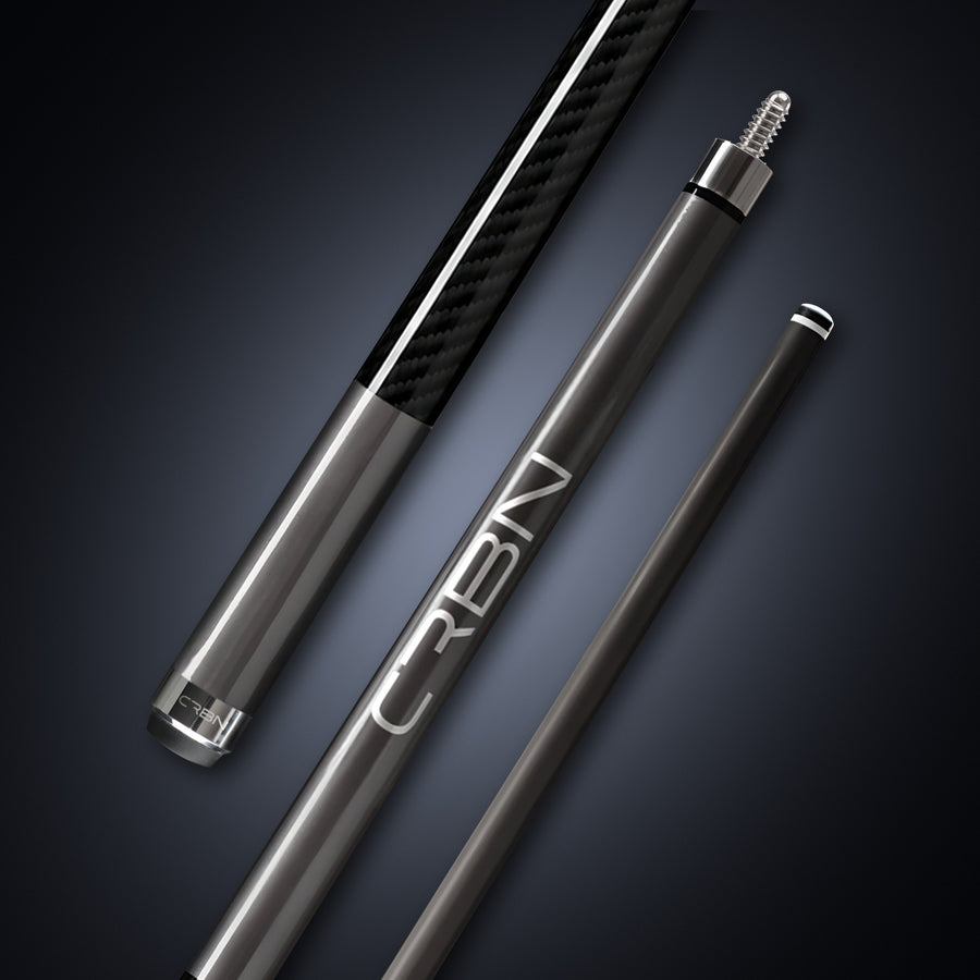 CRBN Gen 2 Gun Metal Grey carbon fiber pool cue shown in three diagonal sections