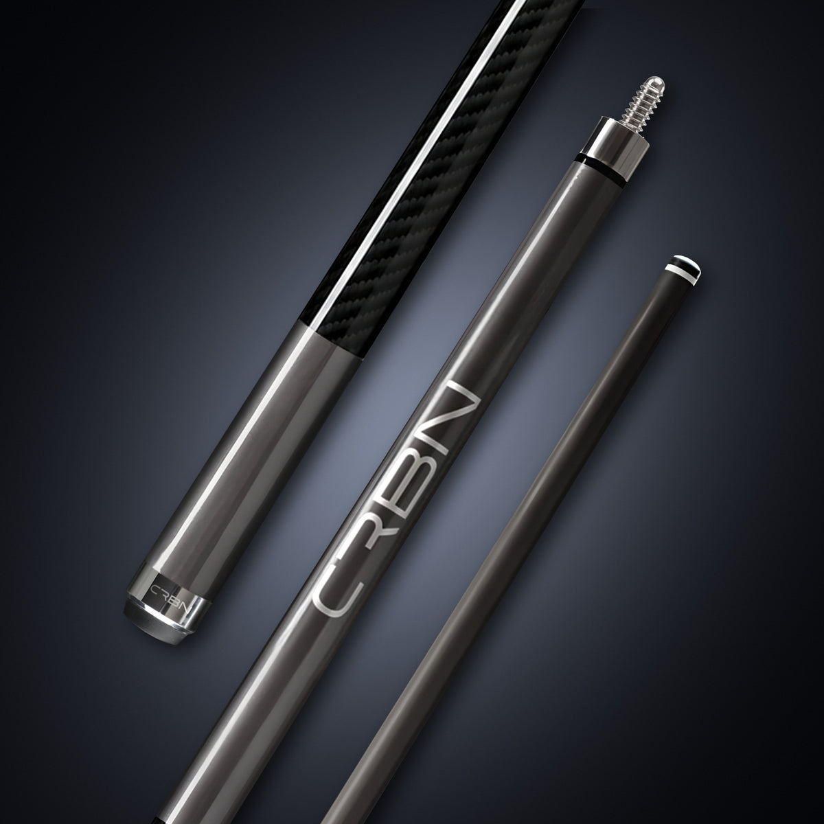 CRBN Gen 2 Gun Metal Grey carbon fiber pool cue shown in three diagonal sections