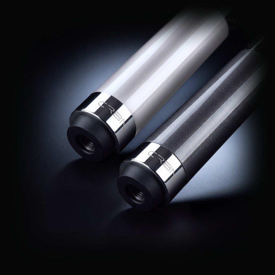 Pearl Silver and Gun Metal Grey butt ends side by side, each with the engraved CRBN stainless steel ring