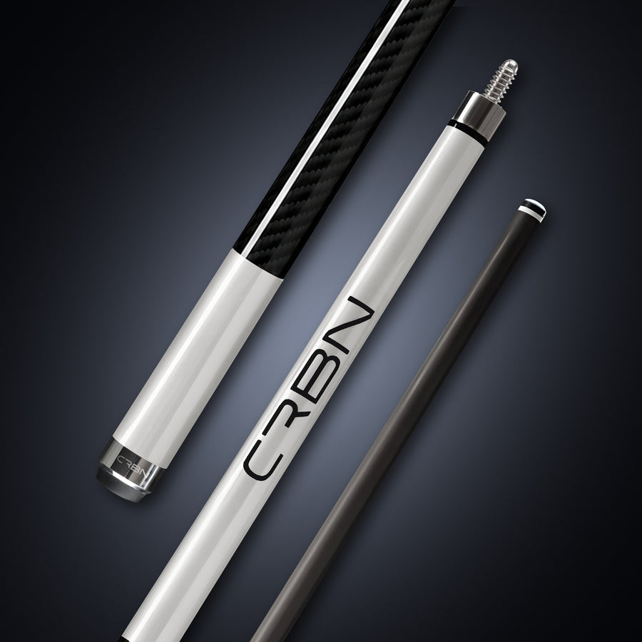 CRBN Gen 2 Pearl Silver carbon fiber pool cue shown in three diagonal sections