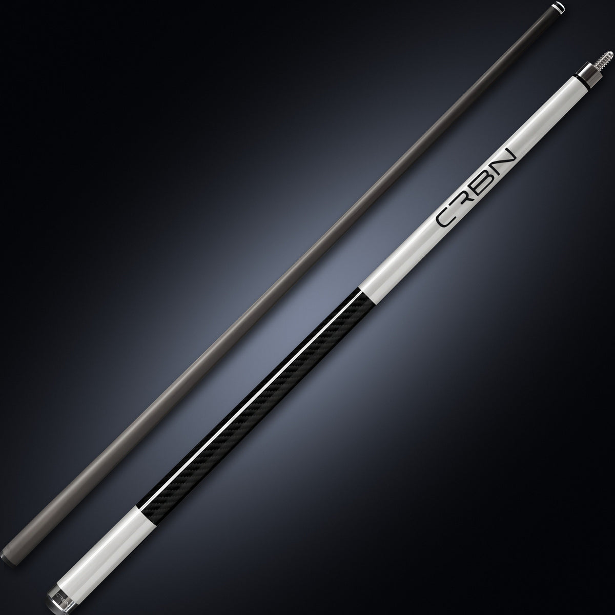 Pearl Silver CRBN cue butt and shaft side by side, full length