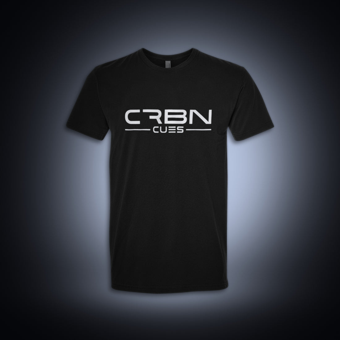 Black CRBN Cues T-Shirt, front, with the white CRBN Cues logo across the chest