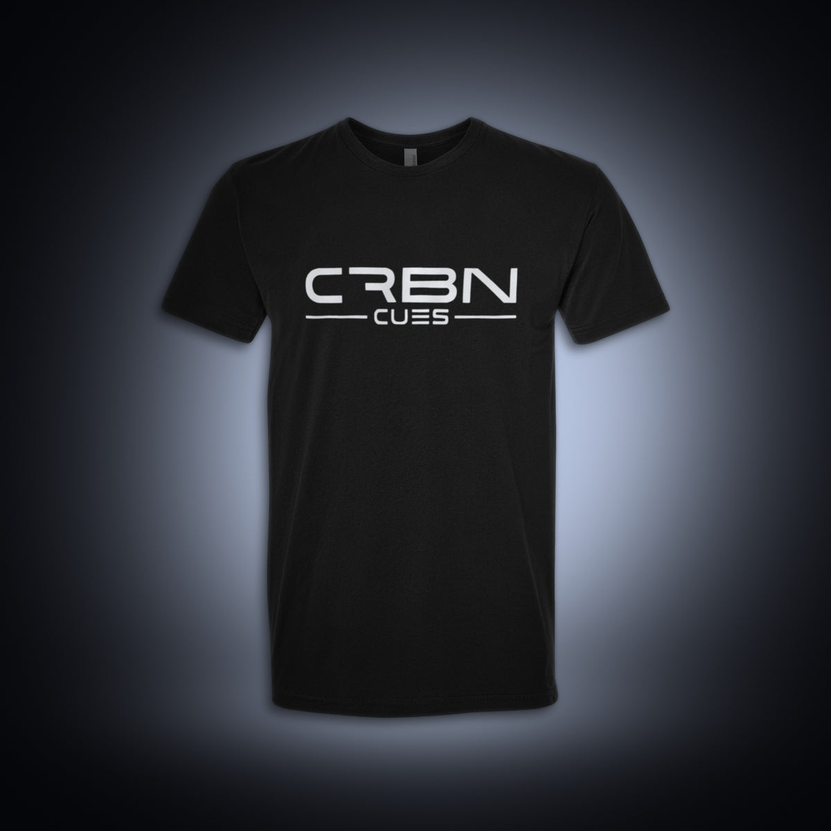 Black CRBN Cues T-Shirt, front, with the white CRBN Cues logo across the chest