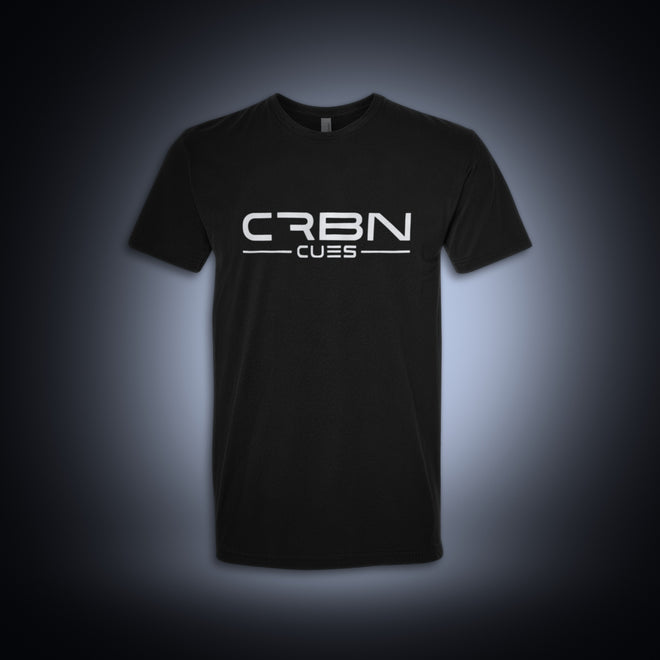 Black CRBN Cues T-Shirt, front, with the white CRBN Cues logo across the chest