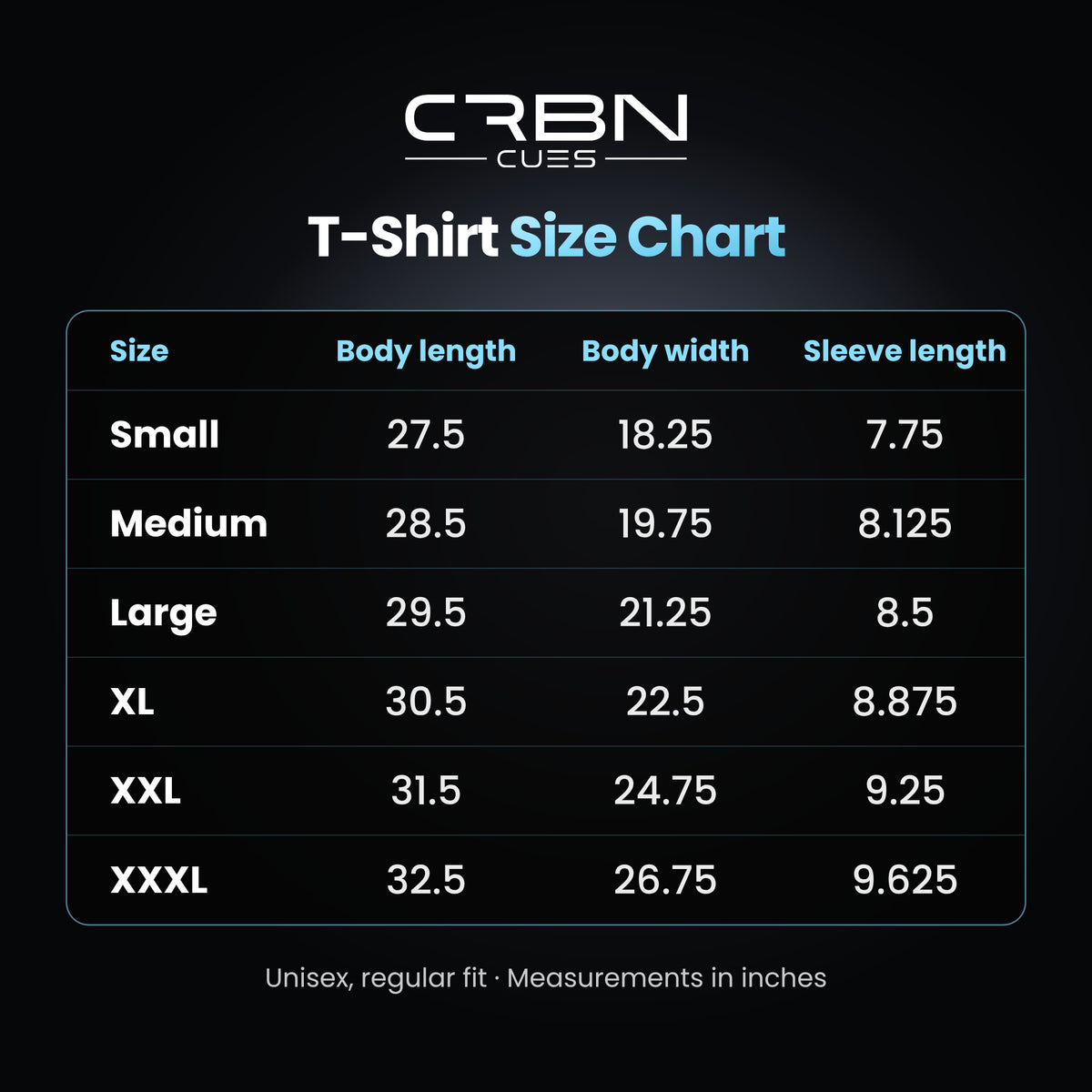 CRBN Cues T-Shirt size chart: body length, body width and sleeve length for sizes Small to XXXL