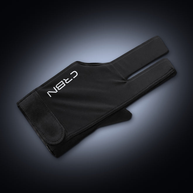 Black CRBN Cues three-finger billiard glove with the white CRBN logo and wrist strap