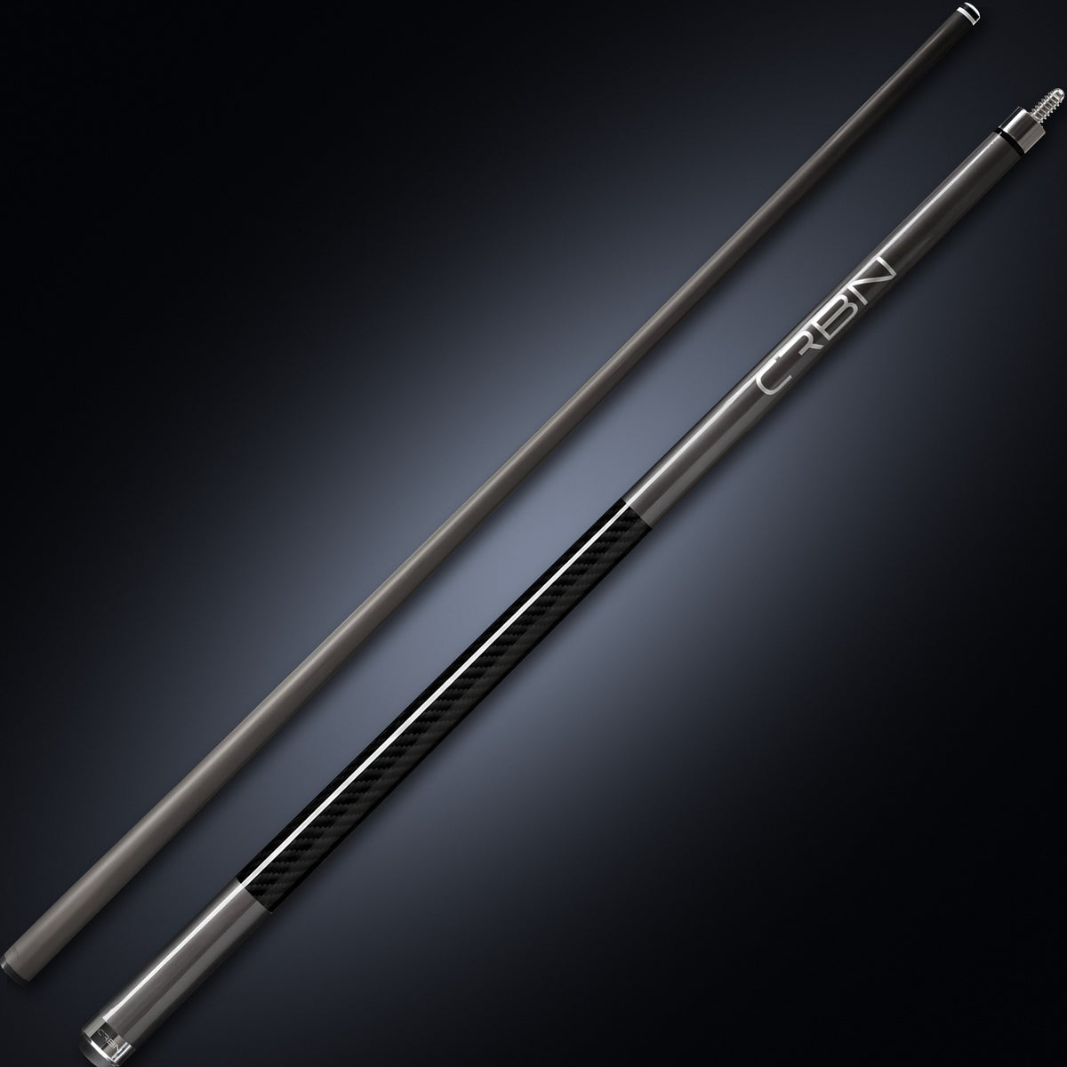 Gun Metal Grey CRBN cue butt and shaft side by side, full length