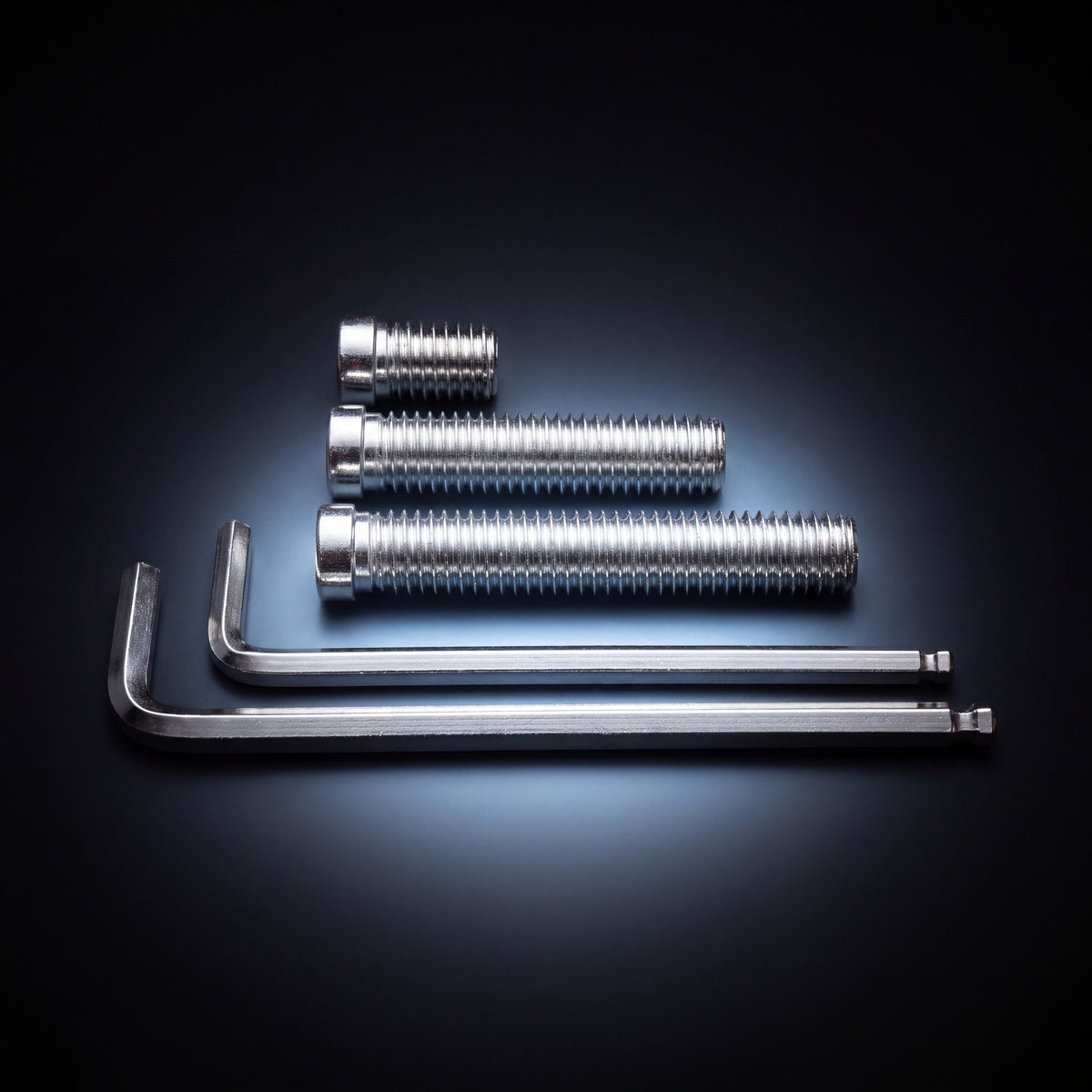 Three weight bolts and two hex keys from the included weight set