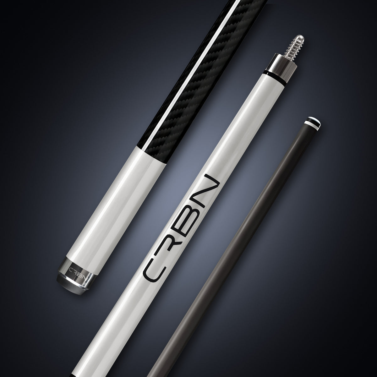 CRBN Gen 2 Pearl Silver carbon fiber pool cue shown in three diagonal sections